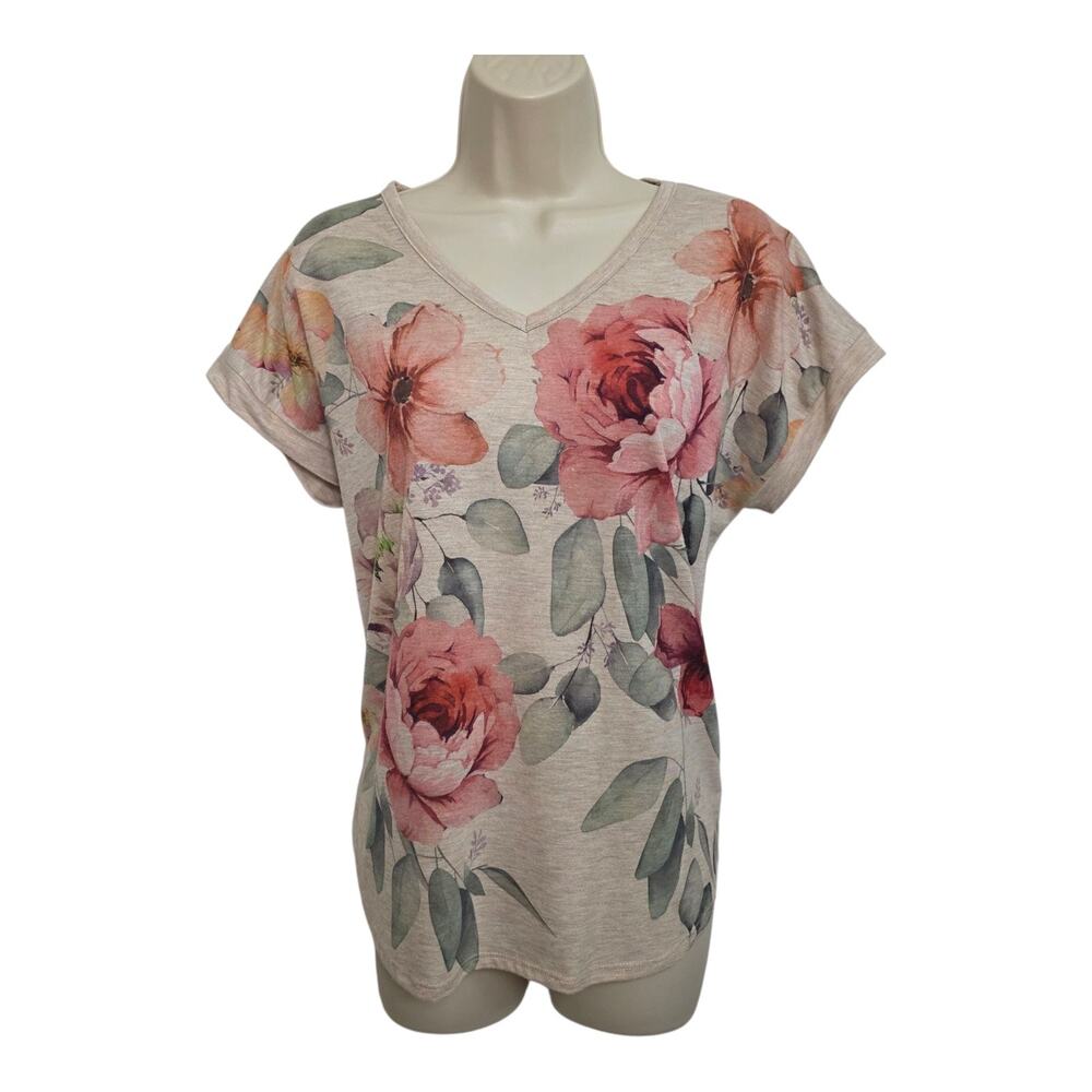 Leo & Nicole Neck Floral Boho Top Casual Chic Tee Earth Tones Med Loose Fit